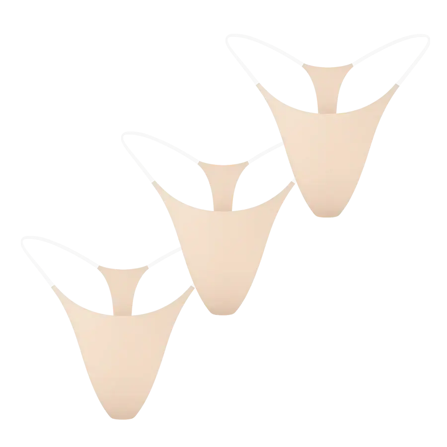 Pack de 3 strings invisibles SKINGYS nude sans couture et adhésifs – lingerie invisible confortable pour femmes.
