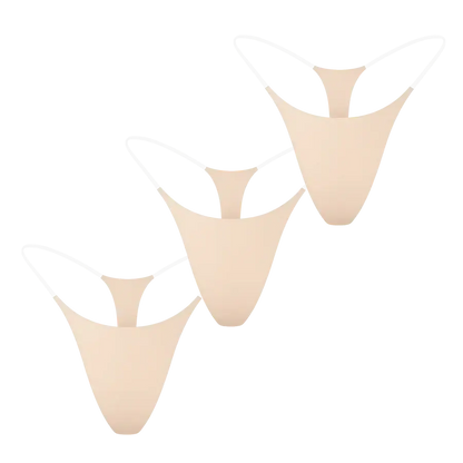 Pack de 3 strings invisibles SKINGYS nude sans couture et adhésifs – lingerie invisible confortable pour femmes.