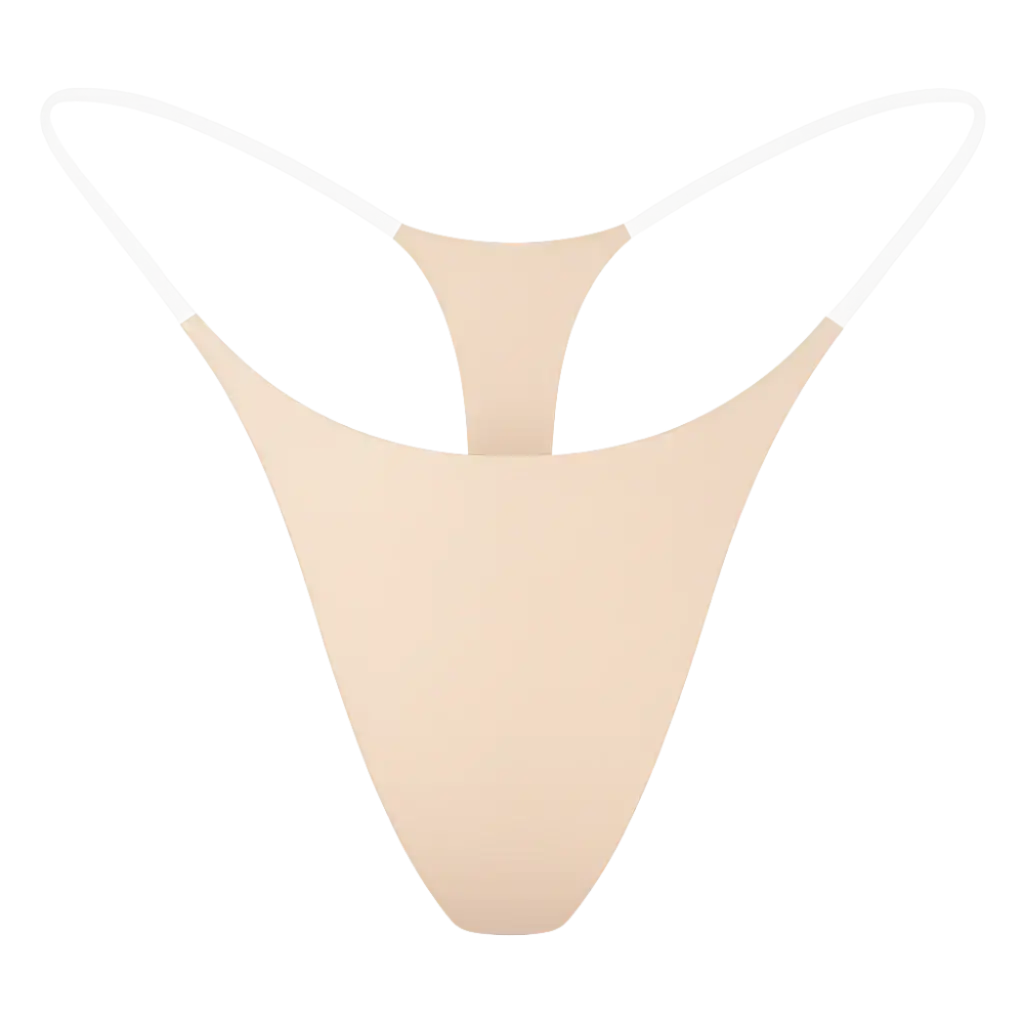 String invisible SKINGYS nude adhésif sans couture sur fond transparent – lingerie invisible confortable pour femmes.